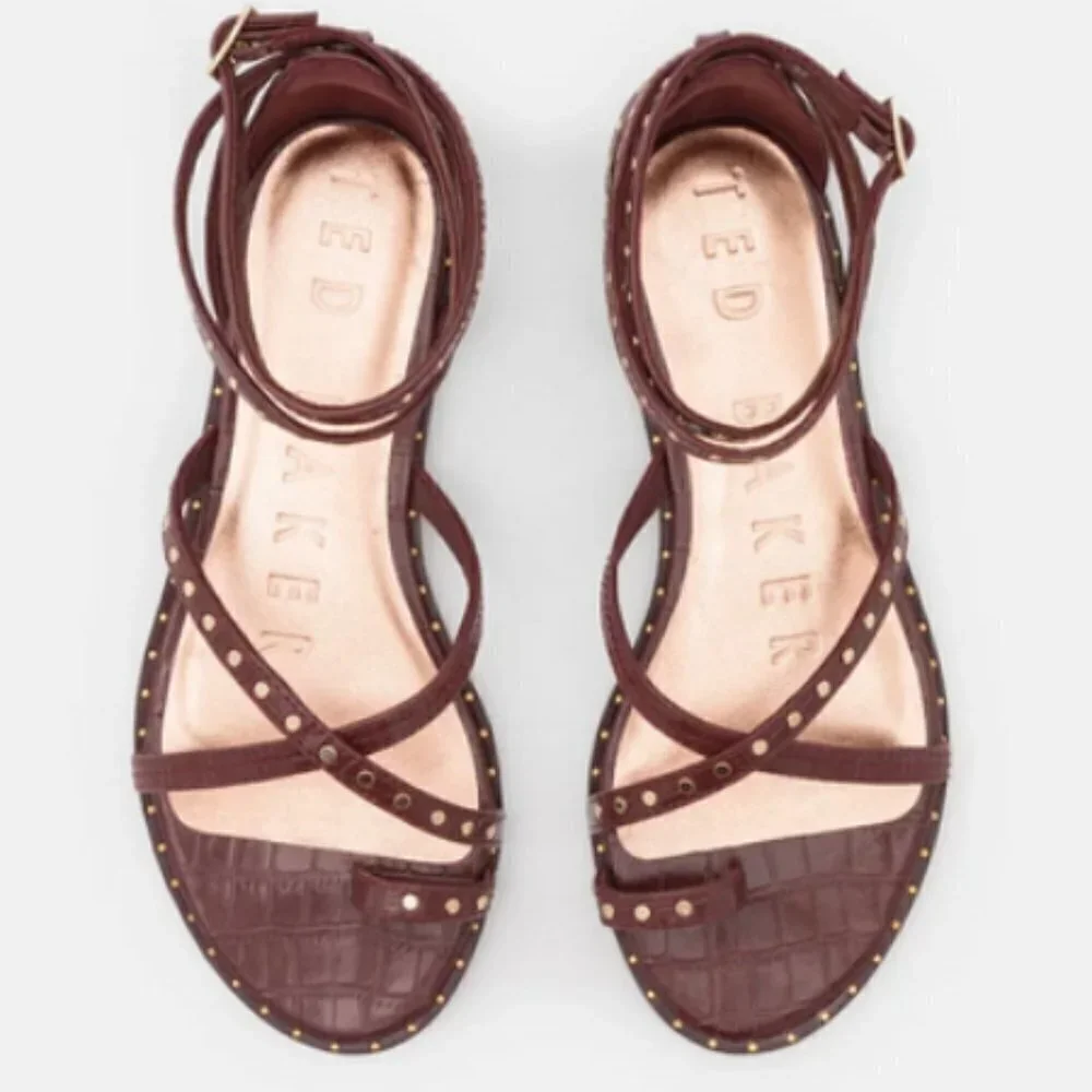 💕TED BAKER LONDON💕 Mathar Flat Studded Gladiator Sandal ~ Dark Brown 38.5 NWT